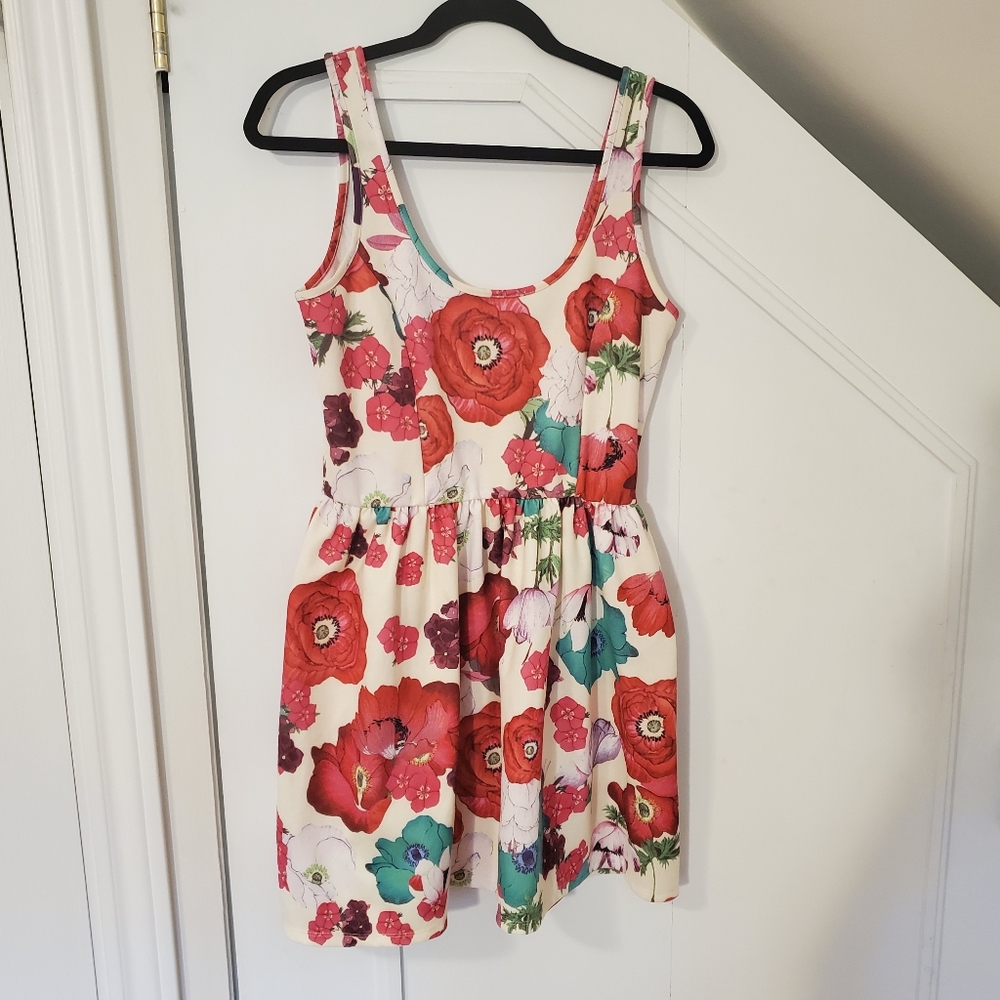 Zara Floral Mini Dress with Red, Pink & Teal Flowers
